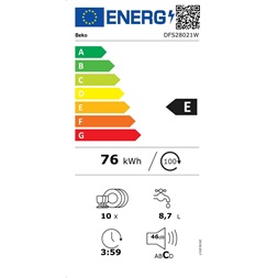 Beko DFS28021W fehér, programok száma: 8, keskeny szabadonálló, 10 terítékes mosogatógép (Újszerű)
