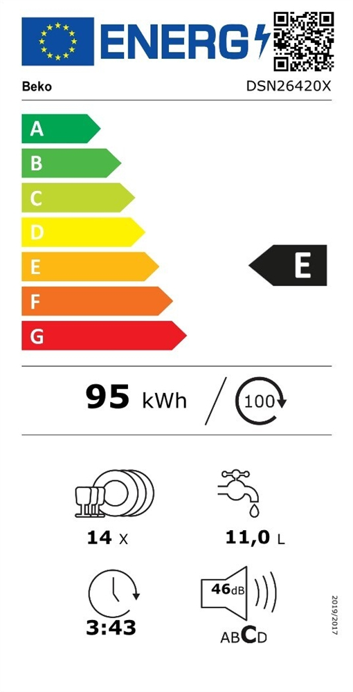 Beko DSN26420X programok száma: 6, beépíthető, 14 terítékes mosogatógép 