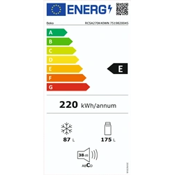 Beko RCSA270K40WN fehér, alulfagyasztós, Hűtő:175L, Fagyasztó:87L, hűtőszekrény (Újszerű)
