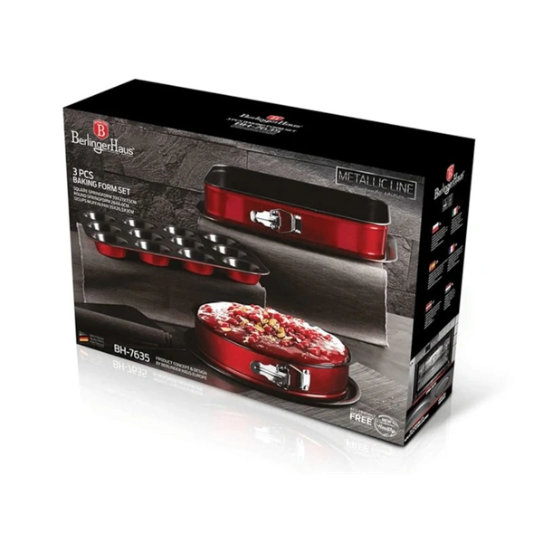 Berlinger Haus BH/7635 muffin sütőformával, burgundi 3 részes tortaforma szett