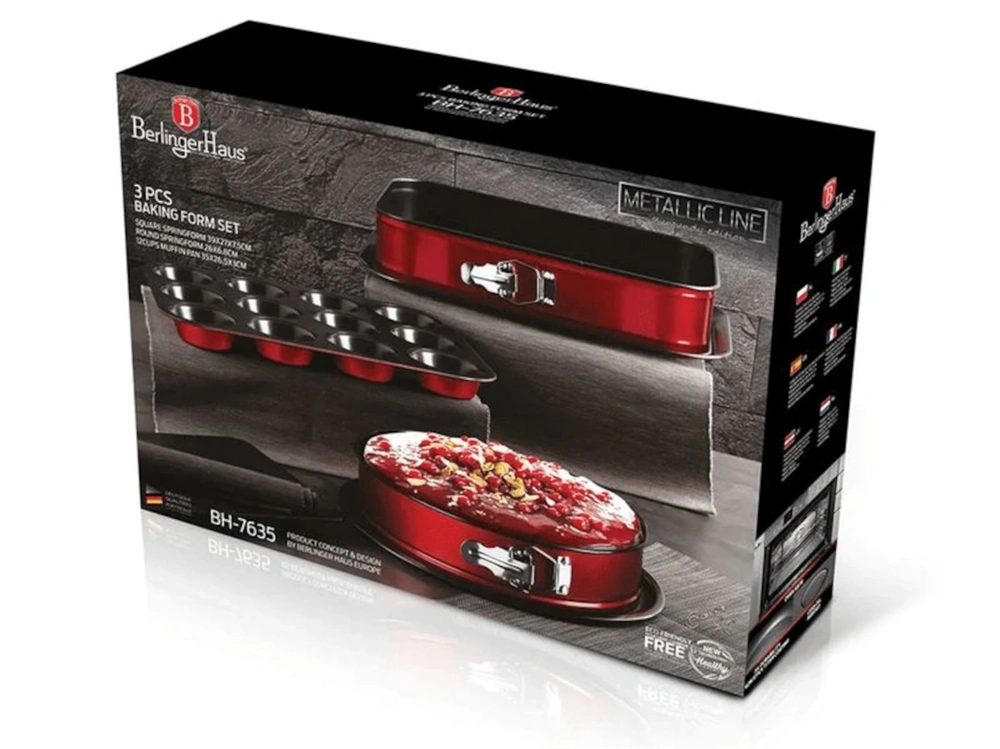 Berlinger Haus BH/7635 muffin sütőformával, burgundi 3 részes tortaforma szett