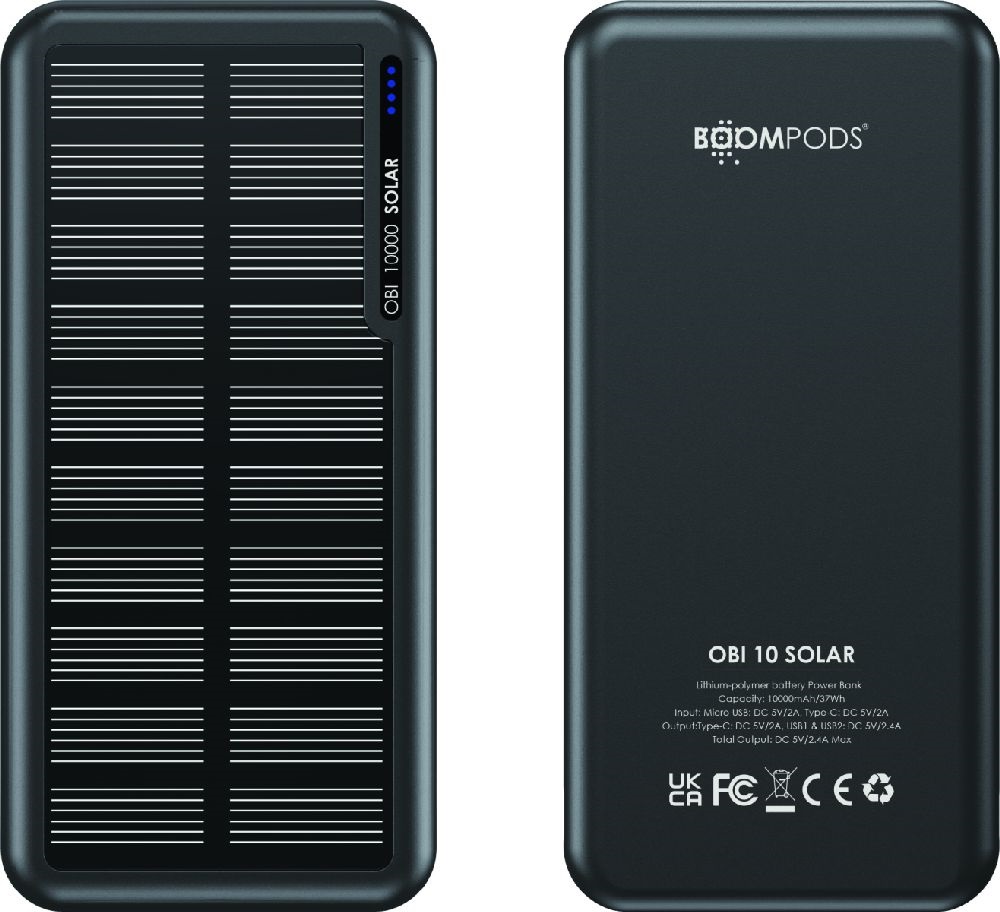 Boompods Obi Solar fekete 10 000 mAh powerbank