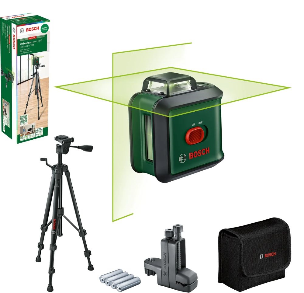 Bosch 0603663E07 UniversalLevel 360 keresztvonalas zöld szintezőlézer + TT 150 Állvány + MM 3 Univerzális tartóállvány