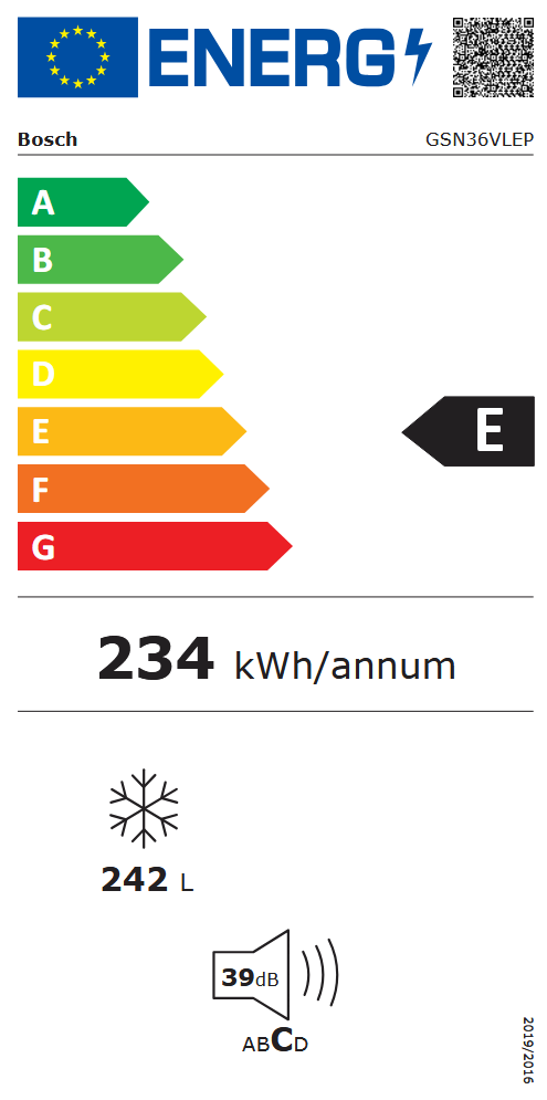 Bosch GSN36VLEP acél, Fagyasztó:242L, No frost fagyasztószekrény