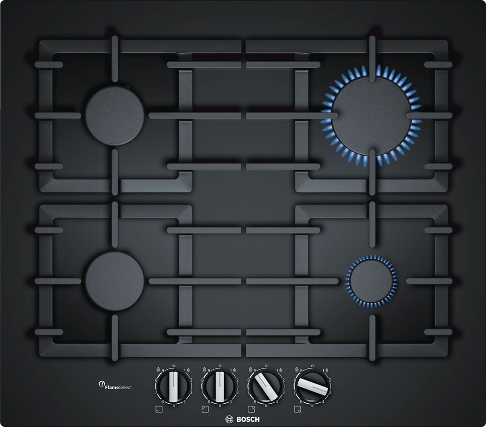 Bosch PPP6A6B90 fekete, beépíthető, gáz, főzőzóna: 4 +1 wok égőfej, beépíthető méret: 56cm, főzőlap
