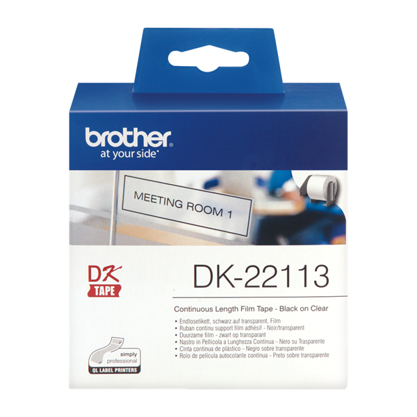 Brother Etikett címke DK22113, Átlátszó alapon fekete, folytonos, filmrétegű szalag 62mm, 62mm x 15.24M