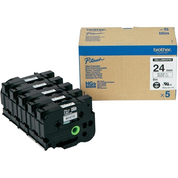 Brother szalag HGe-251V5 Fehér alapon Fekete, Nagy sebességű, 24mm 0.94", 8 méter, 5db/csomag