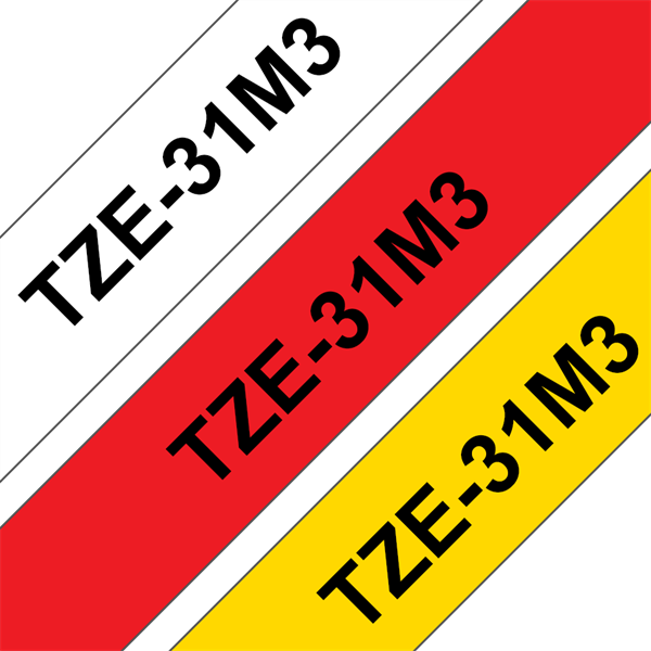 Brother szalag TZe-31M3, 3db-os csomag: piros-, fehér- és sárga alapon fekete (TZe231+TZe431+TZe631), 12mm x 8m