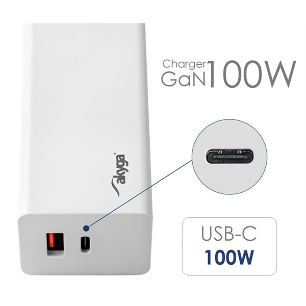 Akyga USB-A + USB-C PD 5-20V / max. 5A 100W Quick Charge 3.0 GaN gyorstöltő