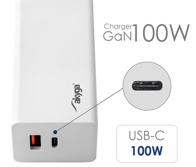 Akyga USB-A + USB-C PD 5-20V / max. 5A 100W Quick Charge 3.0 GaN gyorstöltő
