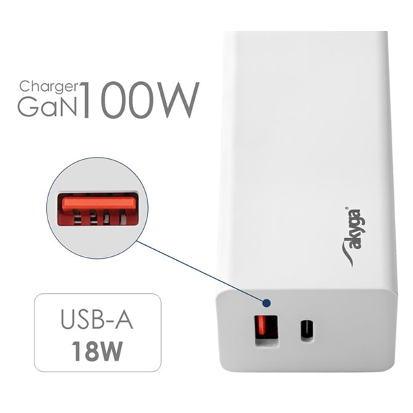 Akyga USB-A + USB-C PD 5-20V / max. 5A 100W Quick Charge 3.0 GaN gyorstöltő