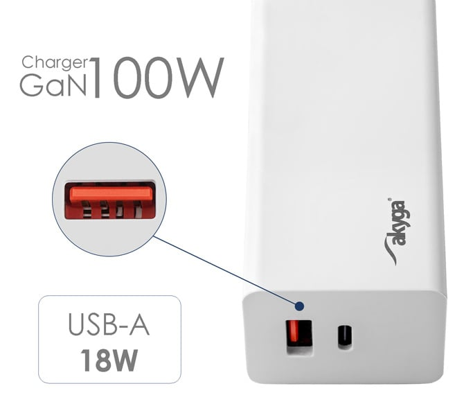 Akyga USB-A + USB-C PD 5-20V / max. 5A 100W Quick Charge 3.0 GaN gyorstöltő