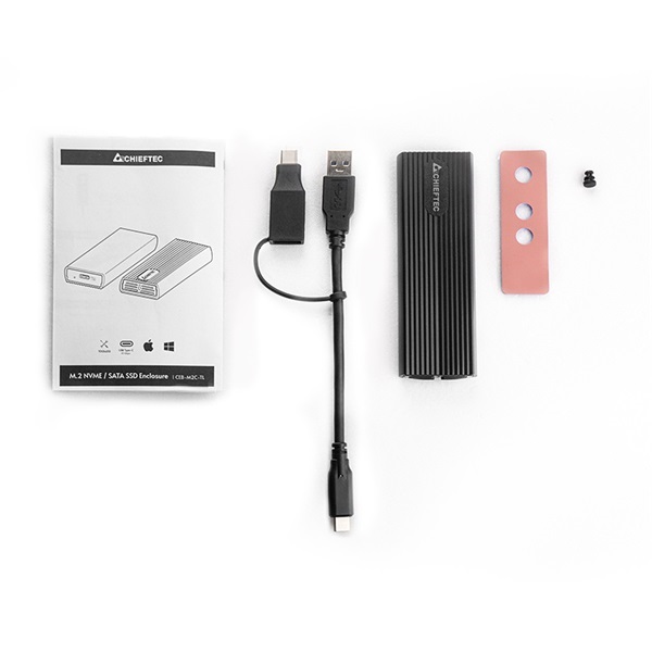 CHIEFTEC Külső Ház M.2 SSD, Alumínium ház, USB3.2 Gen2, USB-A - USB-C, fekete