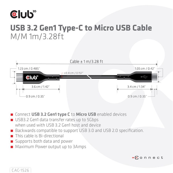 CLUB3D USB 3.2 Gen1 Type C - micro USB 1m kábel