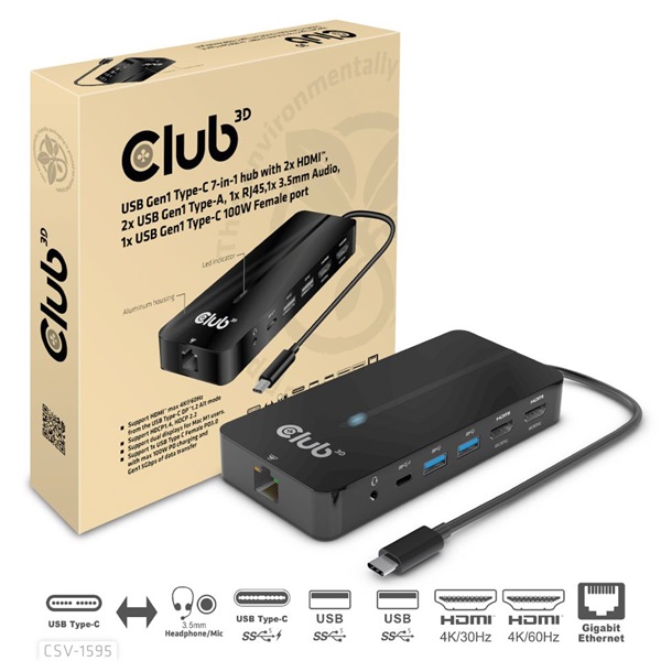 CLUB3D USB-C 7-IN-1 2xHDMI/2xUSB-A/RJ45/3,5mm jack/USB-C 100W HUB