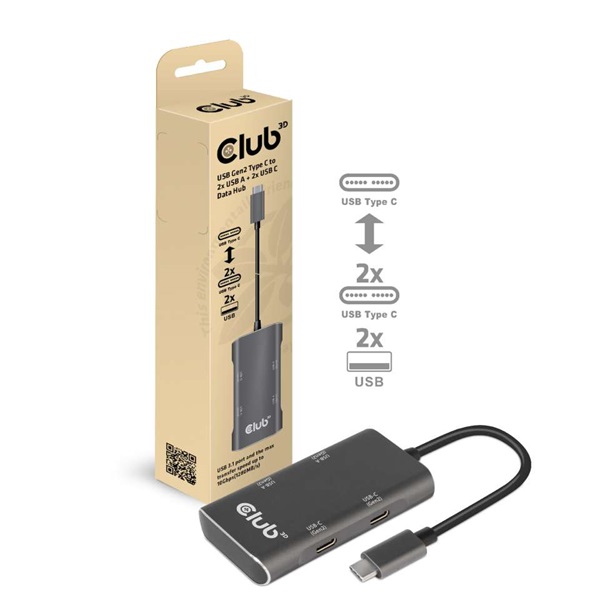 CLUB3D USB Gen2 Type C - 2x USB A + 2x USB C Data HUB