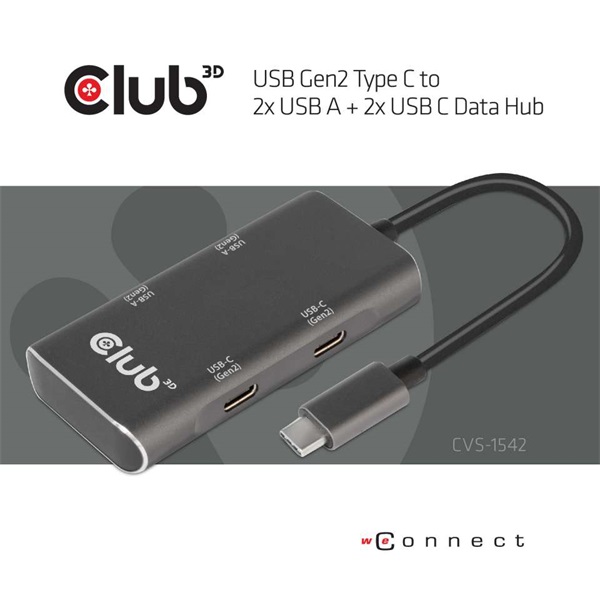 CLUB3D USB Gen2 Type C - 2x USB A + 2x USB C Data HUB