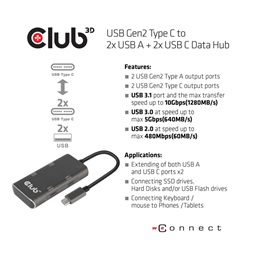 CLUB3D USB Gen2 Type C - 2x USB A + 2x USB C Data HUB
