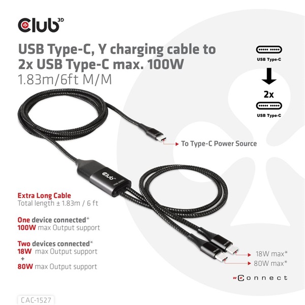 CLUB3D USB Type C - 2x USB Type C 1,83m Y töltőkábel
