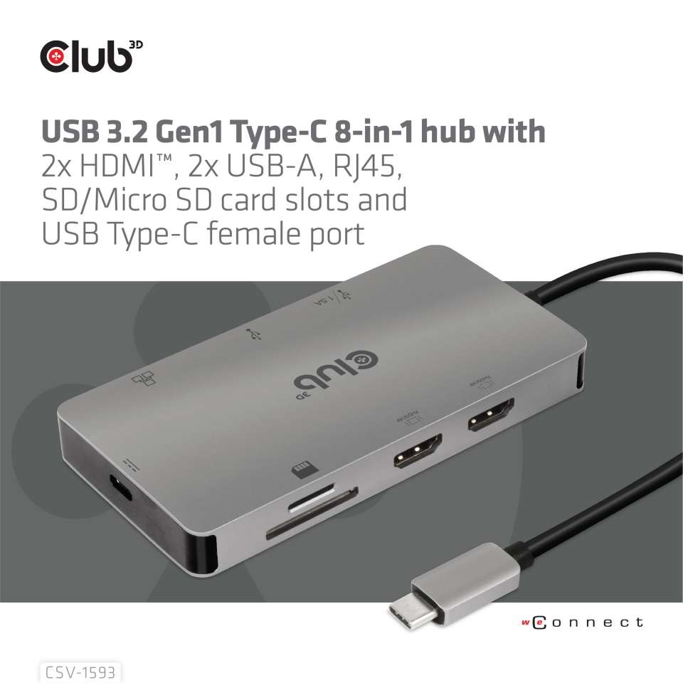 CLUB3D USB Type C 8in1 (2xHDMI, 2xUSB A, RJ45, SD/microSD, USB Type-C) HUB