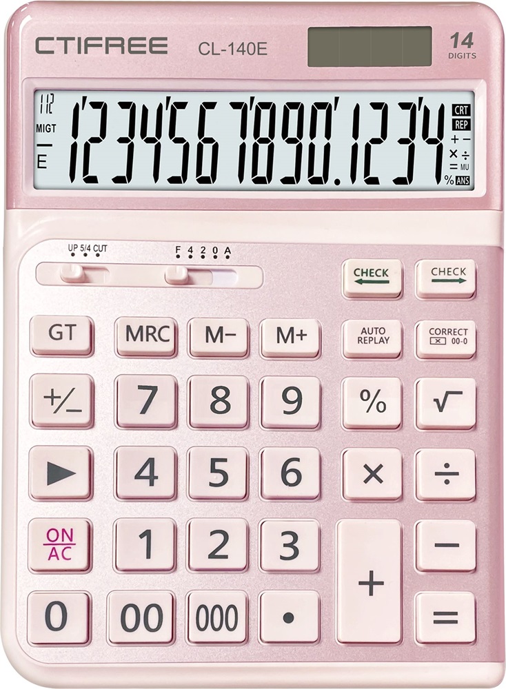 CTIFREE CL-140E PINK rózsaszín ergonómikus számológép, 145x198mm, 14 számjegy, dual power, 2 év garancia