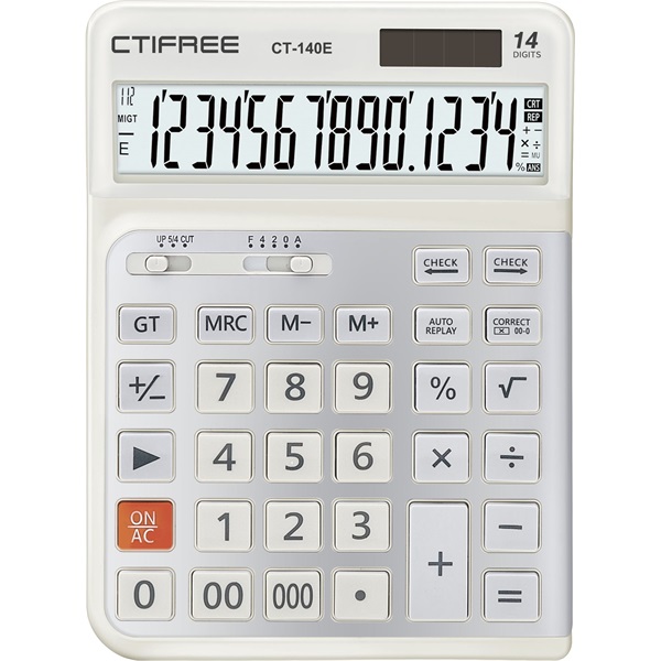 CTIFREE CT-140E fehér ergonómikus számológép, 145x198mm, 14 számjegy, dual power