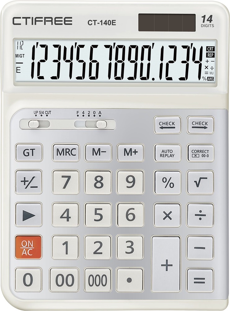 CTIFREE CT-140E fehér ergonómikus számológép, 145x198mm, 14 számjegy, dual power, 2 év garancia