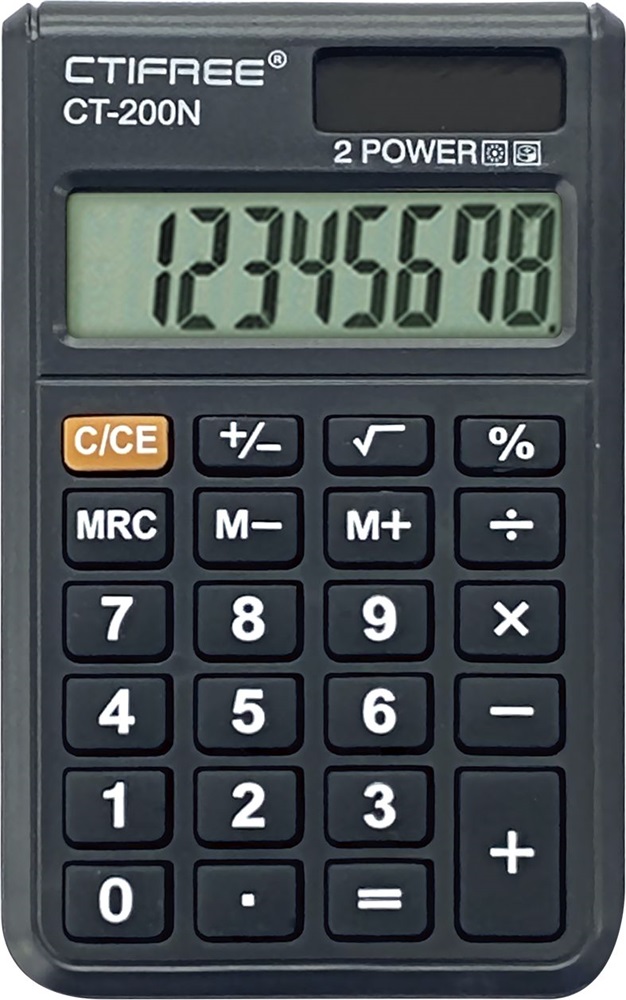 CTIFREE CT-200N mini fekete számológép, 62x96mm, 8 számjegy, dual power, 2 év garancia