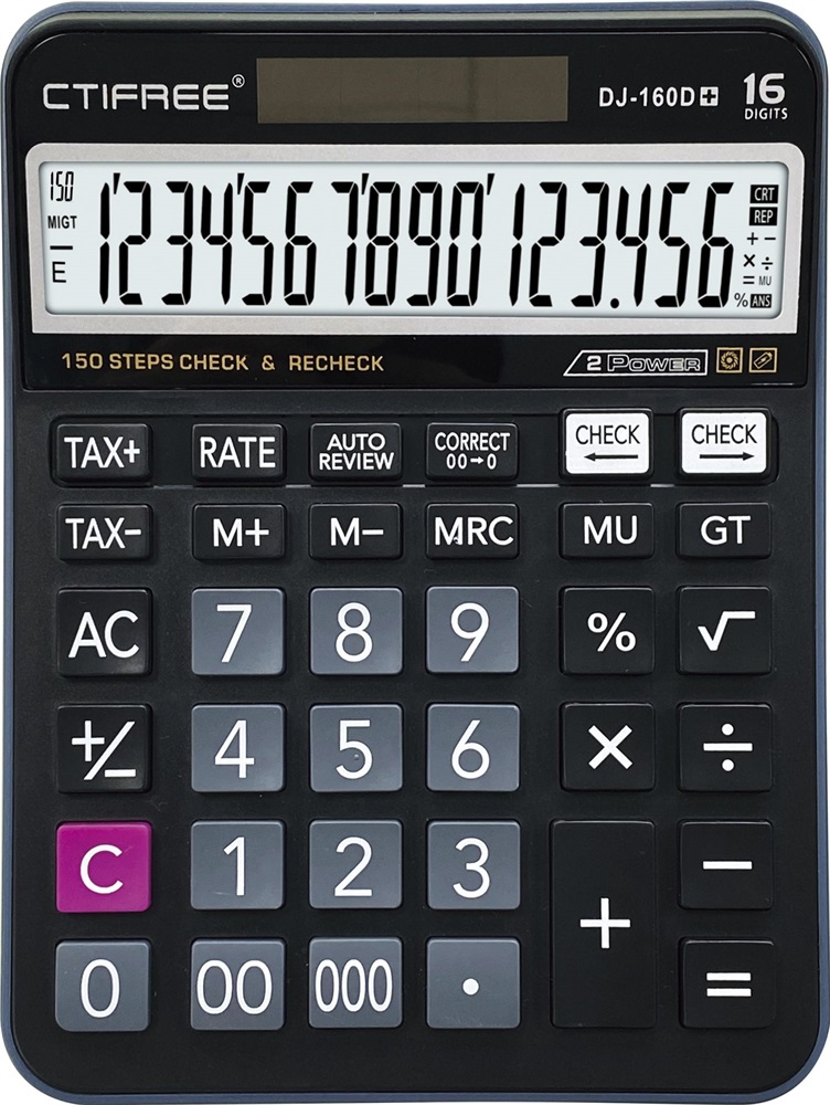 CTIFREE DJ-160Dplus fekete számológép, 145x190mm, 16 számjegy, TAX funkció, dual power, 2 év garancia