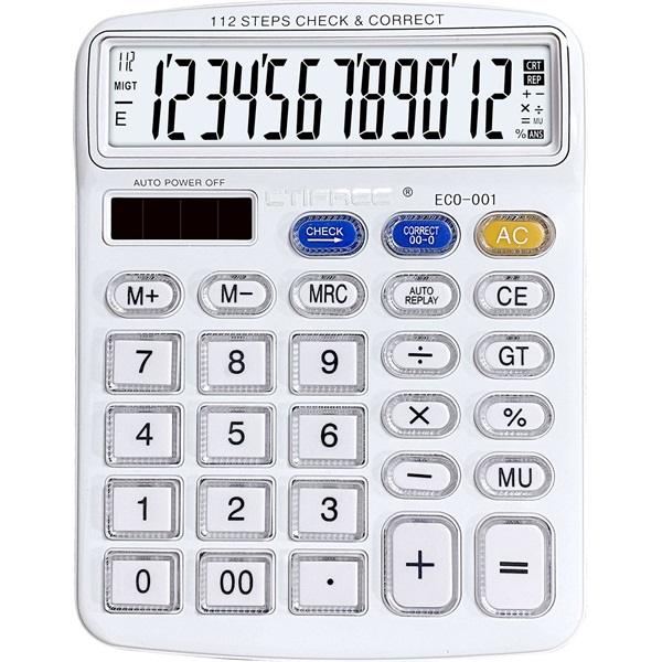 CTIFREE ECO-001 fehér számológép, 120x154mm, 12 számjegy, dual power, 2 év garancia