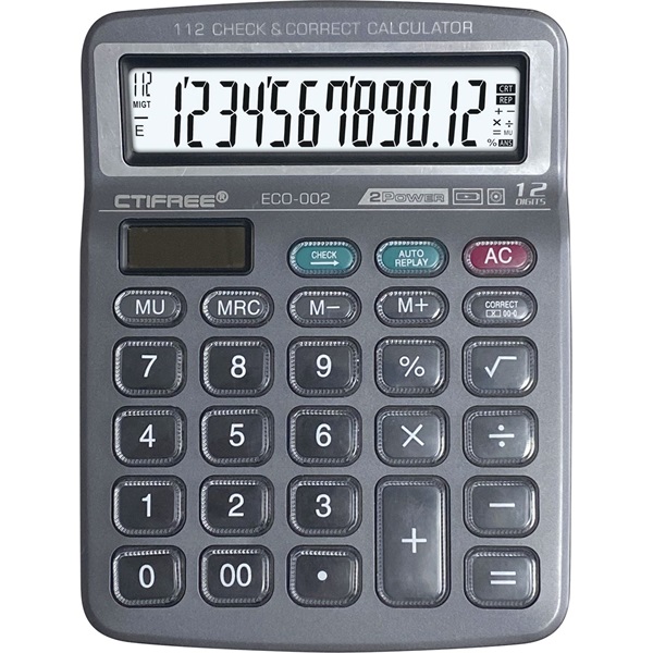 CTIFREE ECO-002 fekete számológép, 138x178mm, 12 számjegy, dual power, 2 év garancia