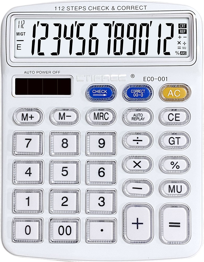 CTIFREE ECO-001 fehér számológép, 120x154mm, 12 számjegy, dual power, 2 év garancia