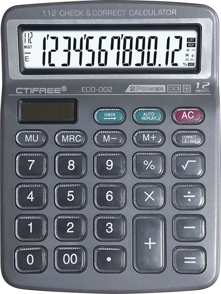 CTIFREE ECO-002 fekete számológép, 138x178mm, 12 számjegy, dual power, 2 év garancia