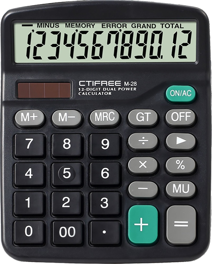 CTIFREE M-28 fekete számológép, 120x150mm, 12 számjegy, dual power, 2 év garancia