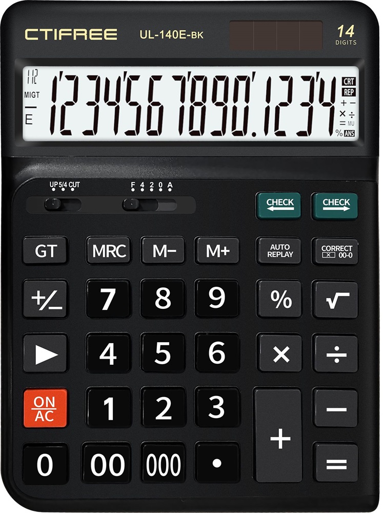 CTIFREE UL-140E-BK fekete ergonómikus számológép, 145x198mm, 14 számjegy, dual power, 2 év garancia