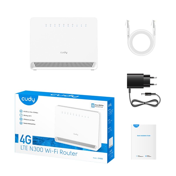 CUDY LT400E egysávos N300 WIFI 4G LTE CAT4, nanoSIM, belső antennás fehér Router