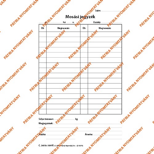 C.3410-109 A5 2példányos "Mosási jegyzék" nyomtatvány