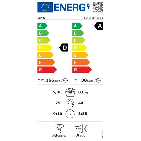 Candy BC4S485M4D8-S fehér, elöltöltős, max.:1400ford., 8kg/5kg, mosó-szárítógép
