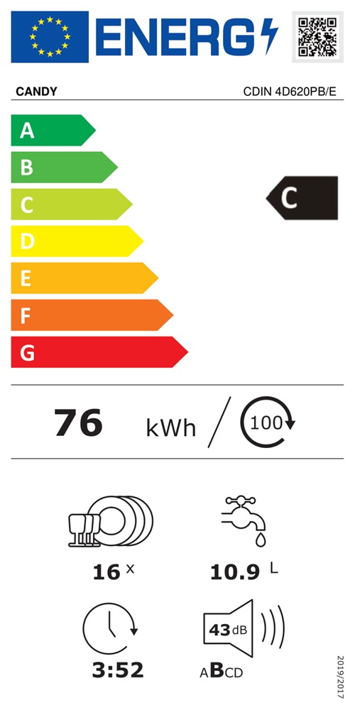 Candy CDIN 4D620PB/E programok száma: 9, beépíthető, 16 terítékes mosogatógép 