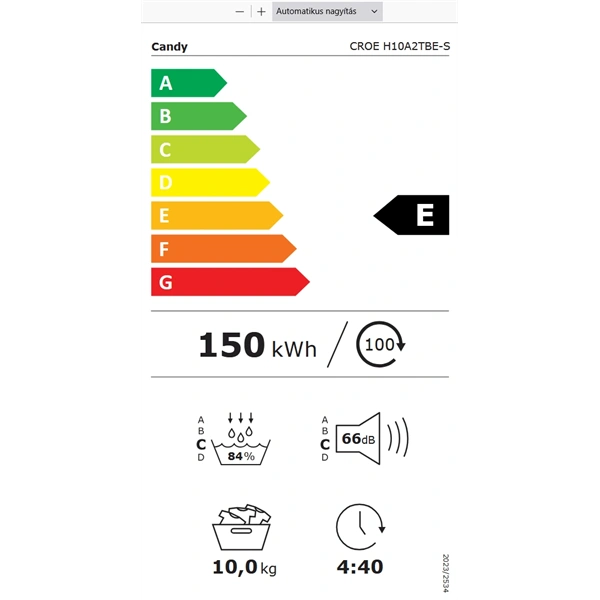 Candy CROE H10A2TBE-S fehér, 10 kg, hőszivattyús, szárítógép