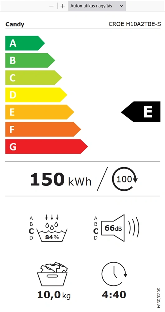 Candy CROE H10A2TBE-S fehér, 10 kg, hőszivattyús, szárítógép