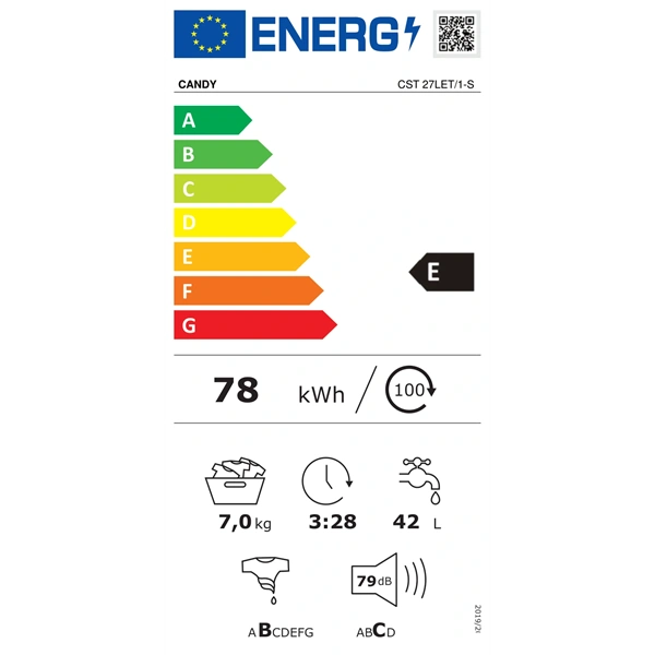Candy CST27LET fehér, felültöltős, max.1200ford., 7 kg, mosógép (Használt - A)