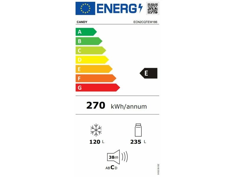 Candy ECN2CQTEW186 fehér, alulfagyasztós, Hűtő:235L, Fagyasztó:120L, No frost hűtőszekrény