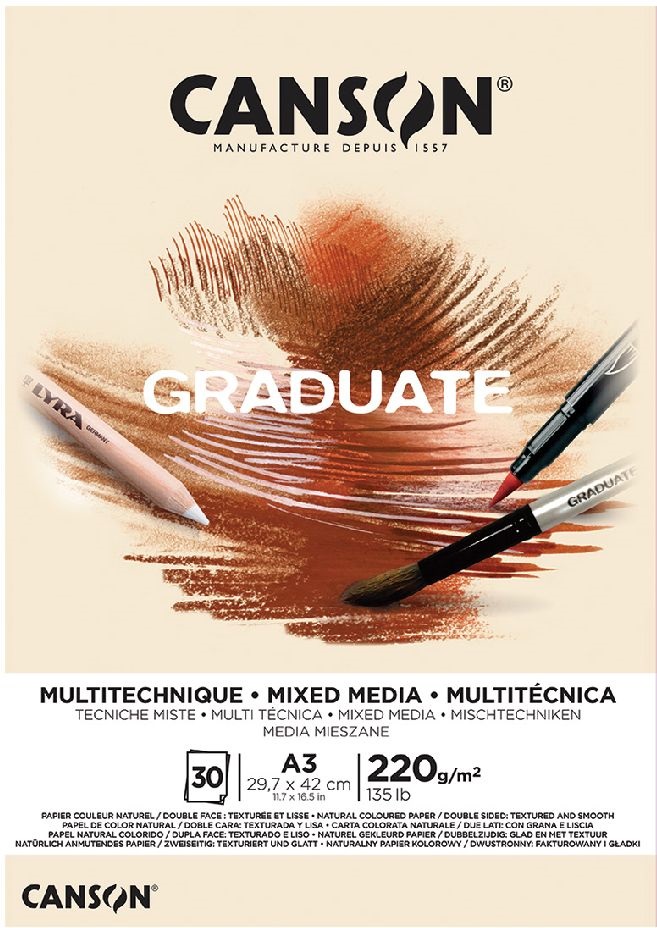 Canson Graduate Mixed Media A3, álló, 220 g/m2, ragasztott, natúr színű rajzpapírtömb