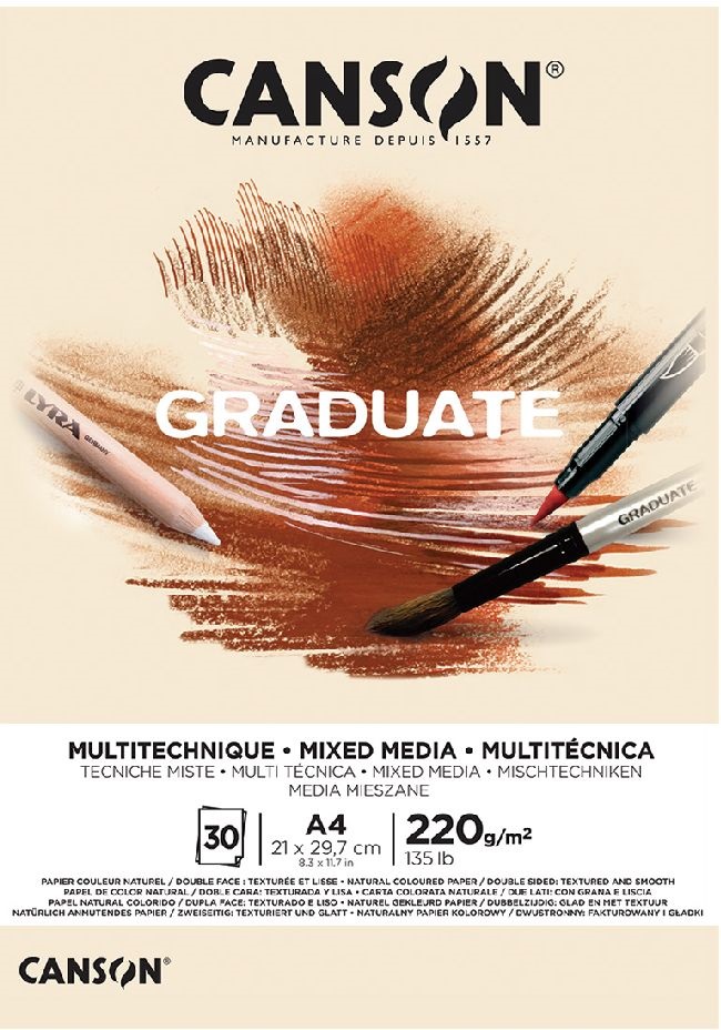 Canson Graduate Mixed Media A4, álló, 220 g/m2, ragasztott, natúr színű rajzpapírtömb