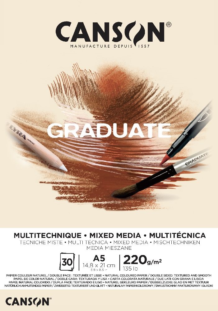 Canson Graduate Mixed Media A5, álló, 220 g/m2, ragasztott, natúr színű rajzpapírtömb