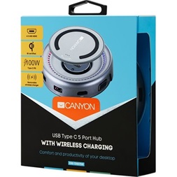 Canyon Multiport Docking Station with 5 port, with wireless charger 10W, 2*Type C+1*HDMI+1*VGA+1*USB3.0+1*USB2.0. Input