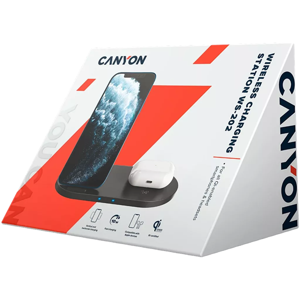 Canyon WS-202 2-in-1 15W univerzális vezeték nélküli töltő adapter fekete (Qi)
