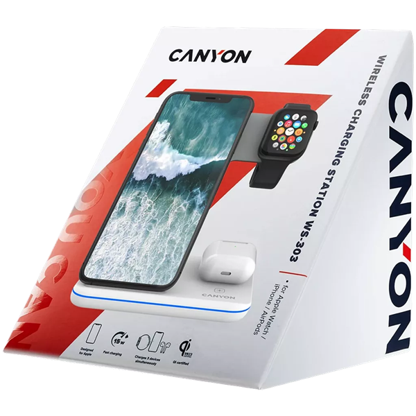Canyon WS-303 3-in-1 15W univerzális vezeték nélküli töltő adapter fehér (Qi)