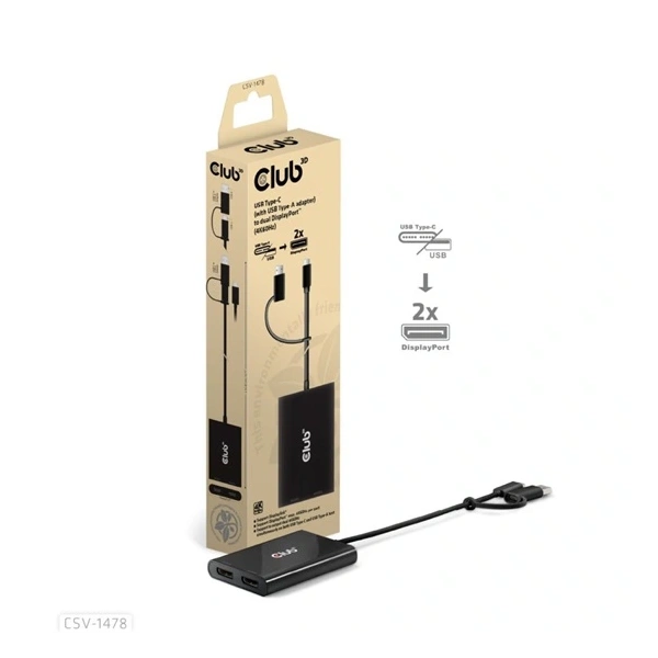 Club3D CSV-1478 USB Type-C/USB Type-A - 2x DisplayPort(4K60Hz) adapter